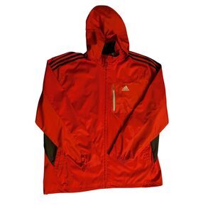 Adidas Red With Black Stripes Reflective Hooded Windbreaker Jacket XL